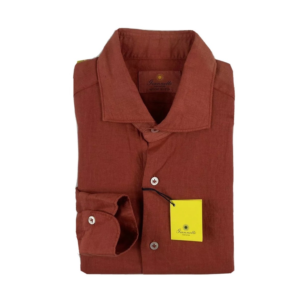 Giannetto Identity Pure Linen Orange Washed Mens Button Front Shirt 16/41 NWT